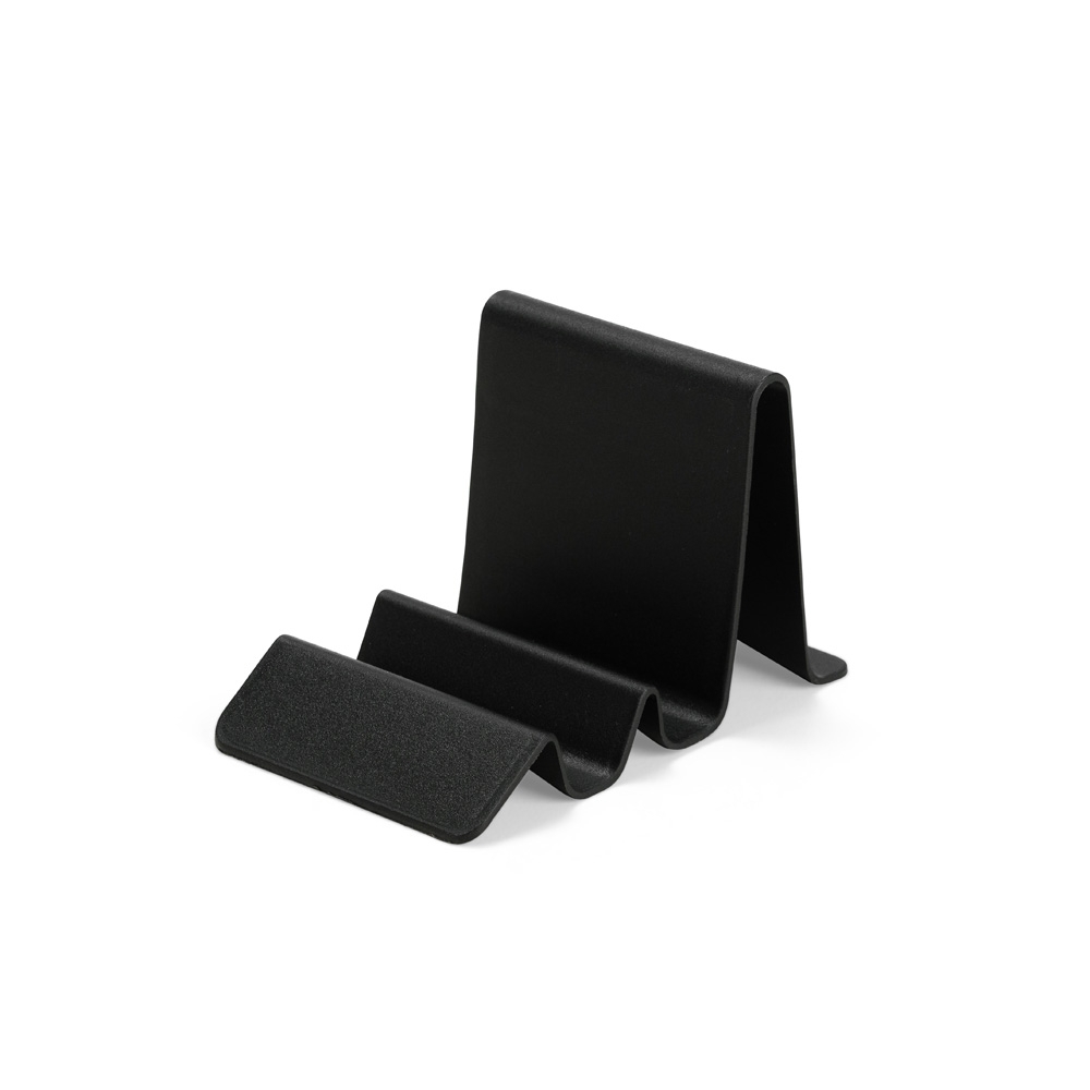 Suporte de plástico para celular com dois níveis de apoio na cor Preto, personalizado com a logo da empresa