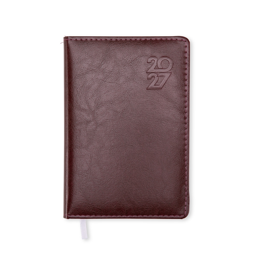 Agenda diária 2027 com capa de couro sintético e 178 folhas na cor Roxo / Vermelho, personalizada com a logo da empresa