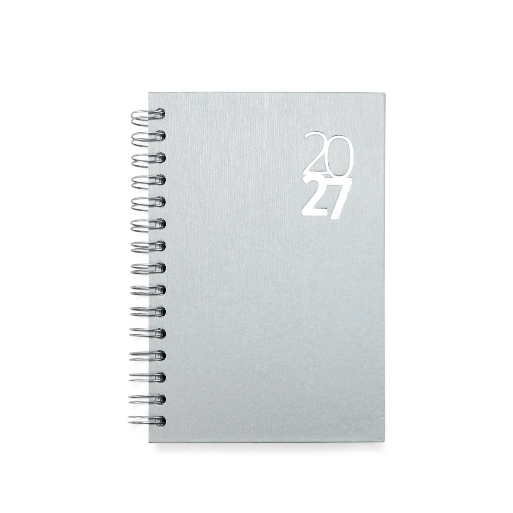 Agenda diária com capa dura e espiral na cor Prata, personalizada com a logo da empresa