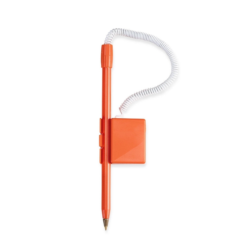 Caneta balcão plástica personalizada com a logo da empresa, na cor laranja / branco