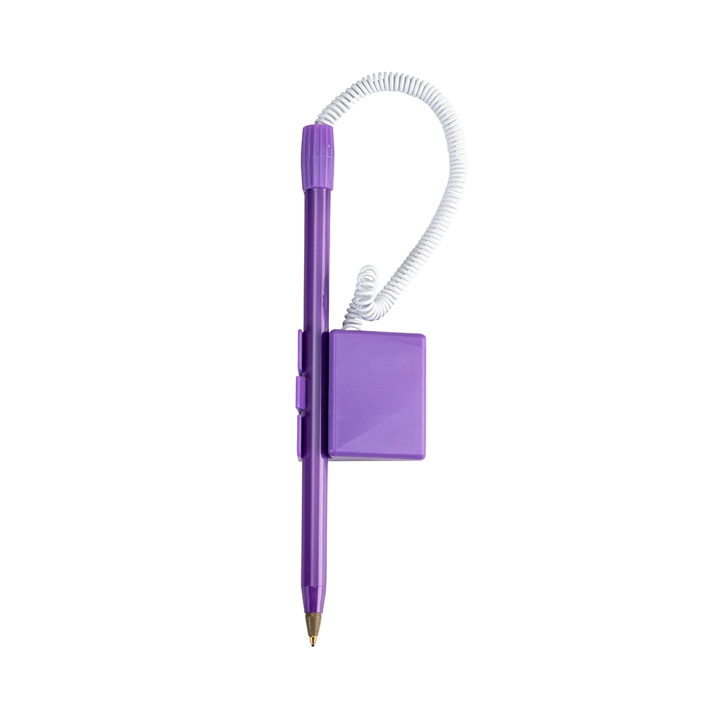Caneta balcão plástica personalizada com a logo da empresa, na cor roxo / branco