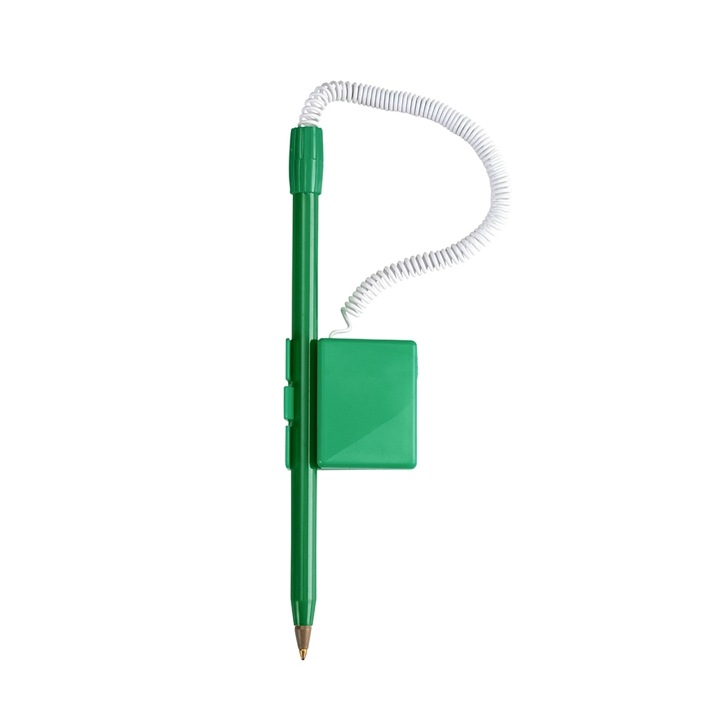 Caneta balcão plástica personalizada com a logo da empresa, na cor verde / branco