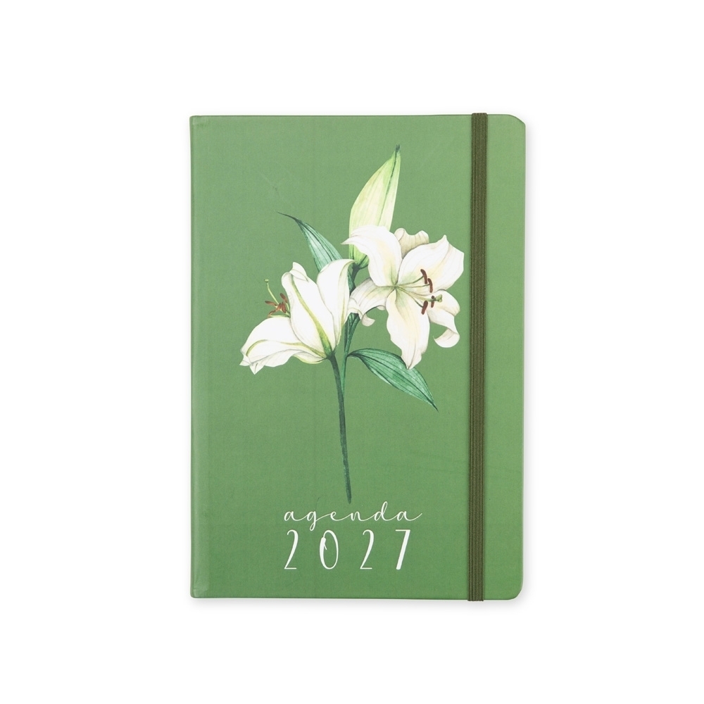 Agenda diária 2027 com 180 folhas e elástico na cor Verde, personalizada com a logo da empresa