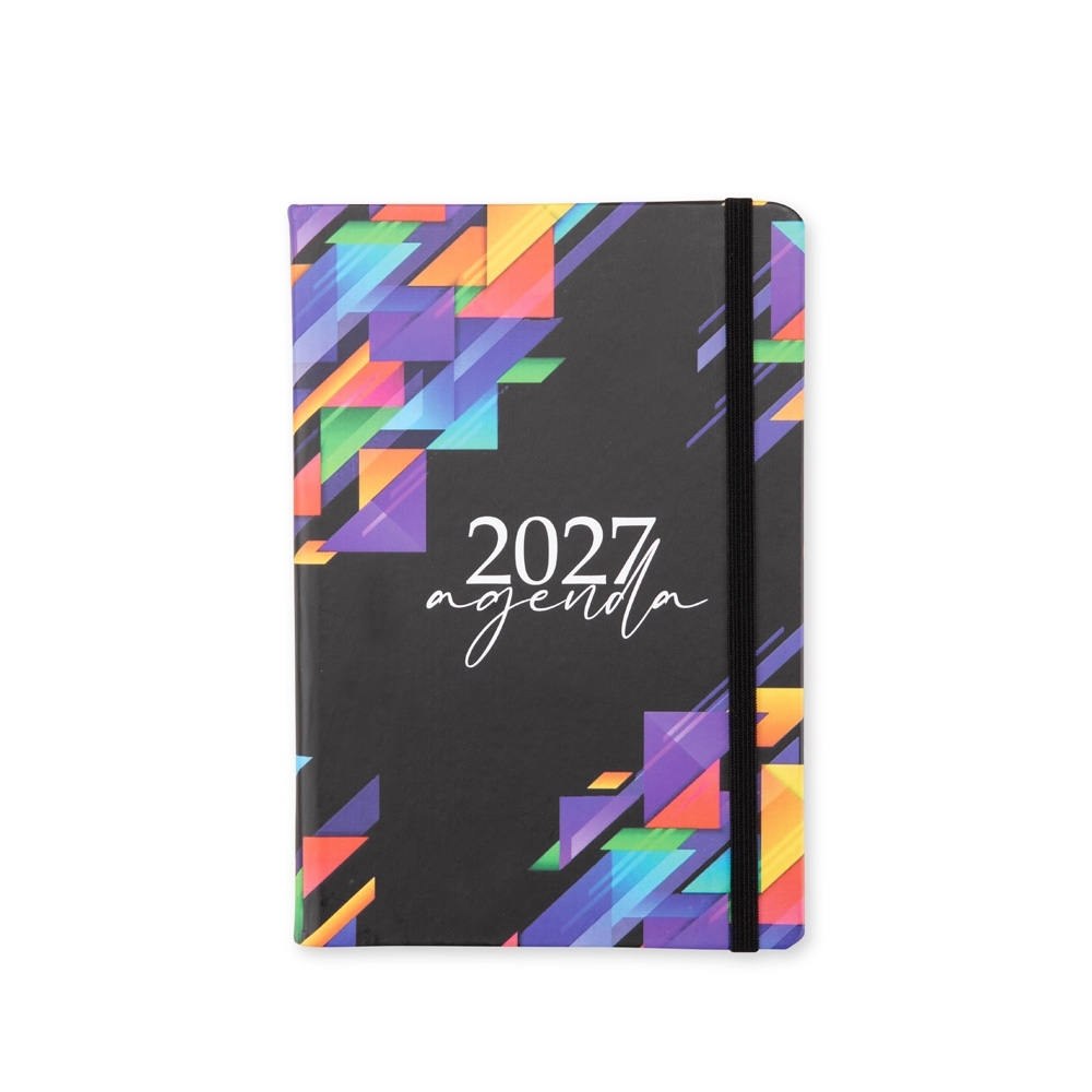 Agenda diária 2027 com capa estampada geométrica e elástico na cor Colorido, personalizada com a logo da empresa