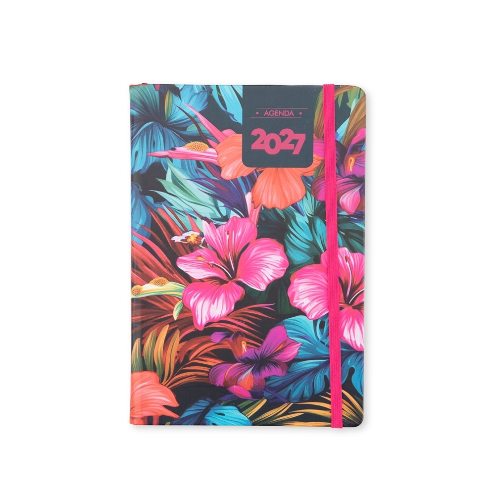 Agenda diária 2027 com capa estampada floral e elástico na cor Azul / Rosa, personalizada com a logo da empresa