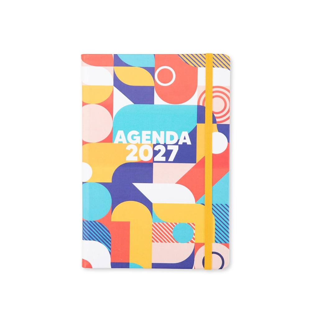 Agenda diária 2027 com capa estampada abstrata e elástico na cor Colorido, personalizada com a logo da empresa