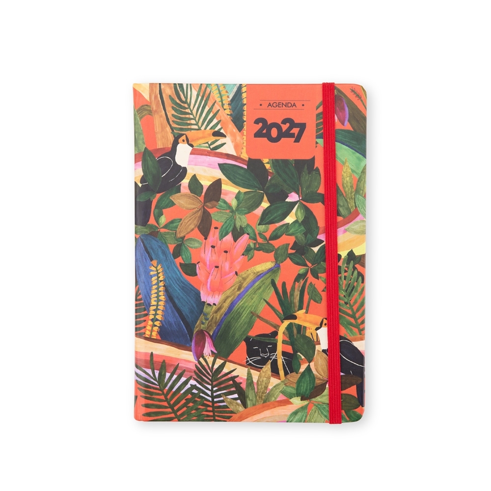 Agenda diária 2027 com capa estampada tropical e elástico personalizada com a logo da empresa