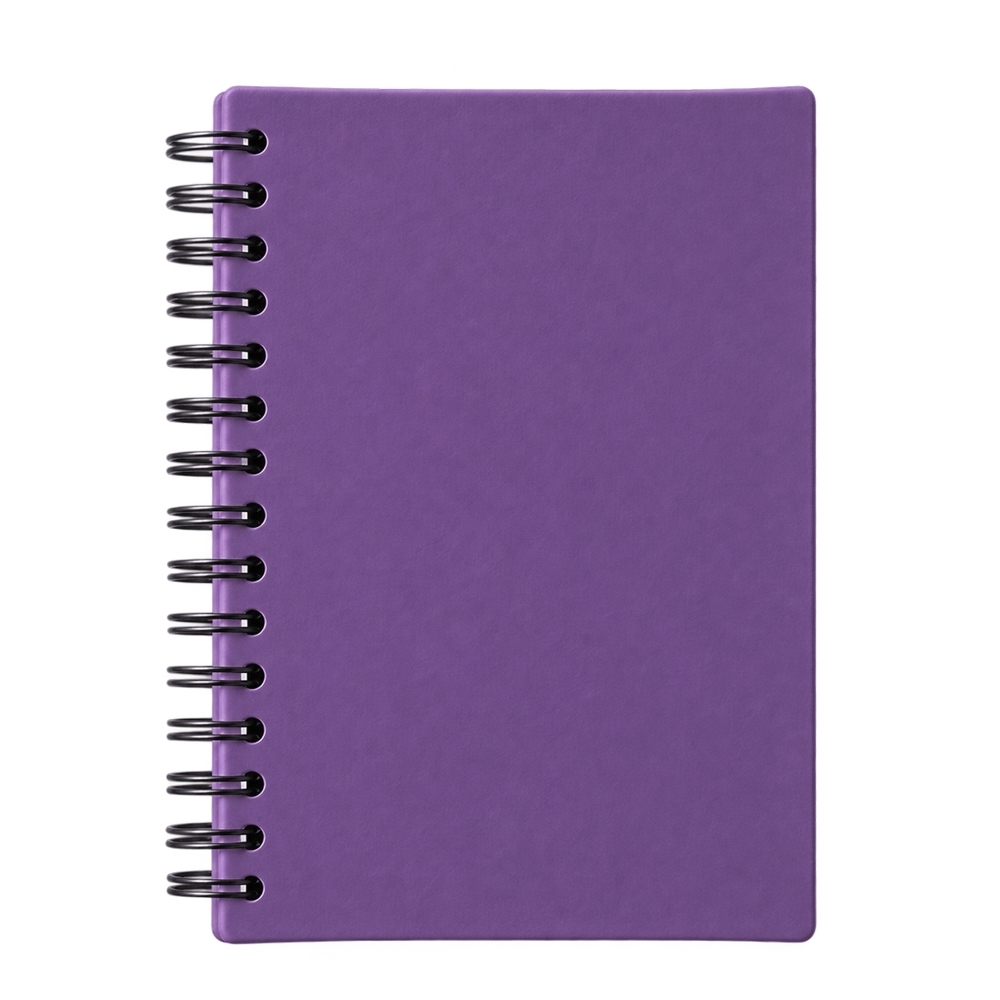 Agenda diária 2027 com capa dura emborrachada e espiral personalizada com a logo da empresa, na cor lilás