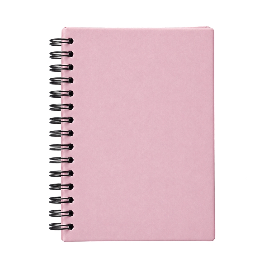 Agenda diária 2027 com capa dura emborrachada e espiral personalizada com a logo da empresa, na cor rosa
