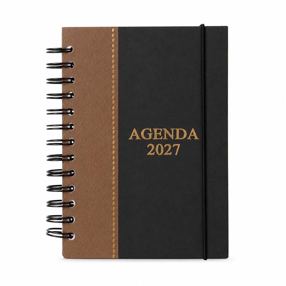 Agenda diária 2027 com espiral e 168 folhas na cor Preto / Marrom, personalizada com a logo da empresa