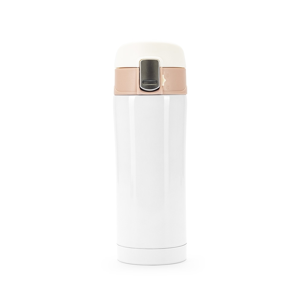 Garrafa térmica 320 ml com tampa de botão na cor Branco / Rosa, personalizada com a logo da empresa
