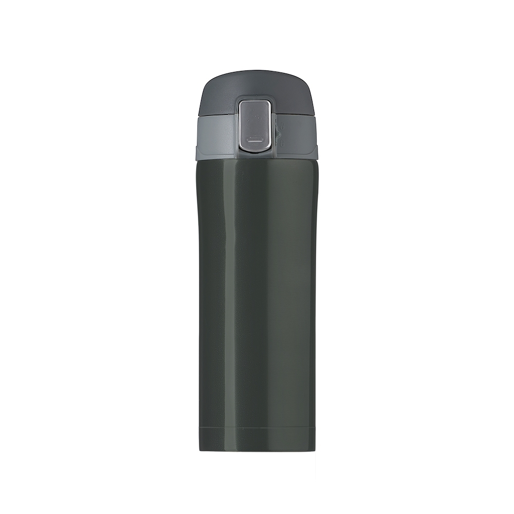 Garrafa térmica 320 ml com tampa de botão personalizada com a logo da empresa, na cor chumbo