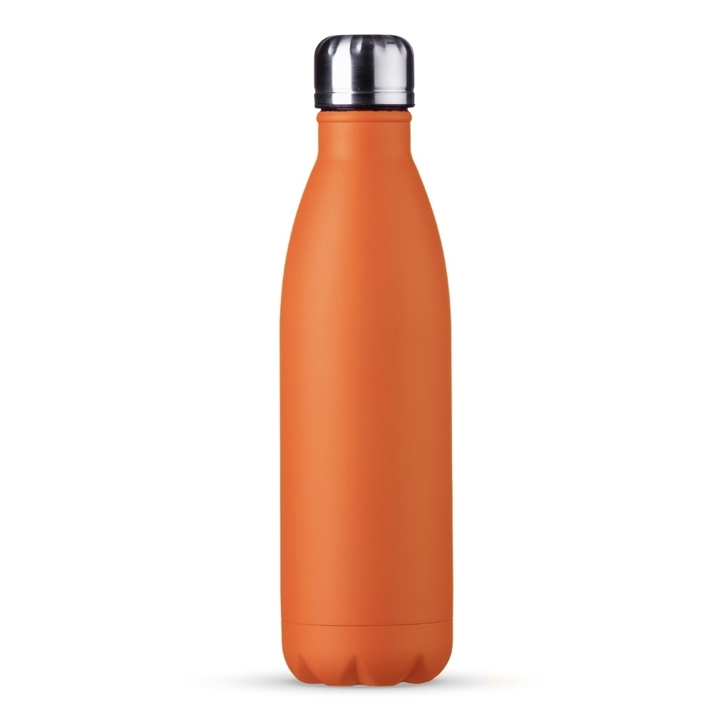 Garrafa 750 ml inox com pintura fosca personalizada com a logo da empresa, na cor laranja / inox