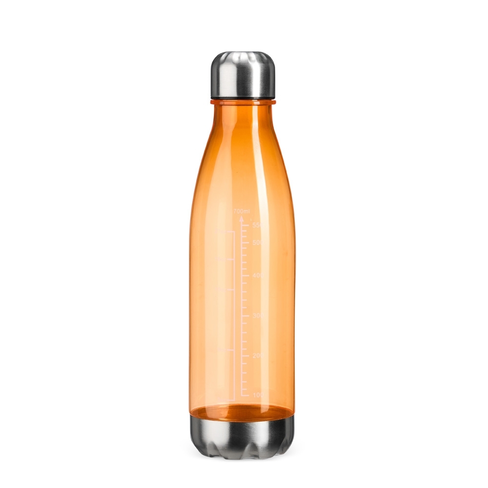 Garrafa plástica 750 ml translúcida personalizada com a logo da empresa, na cor laranja / inox