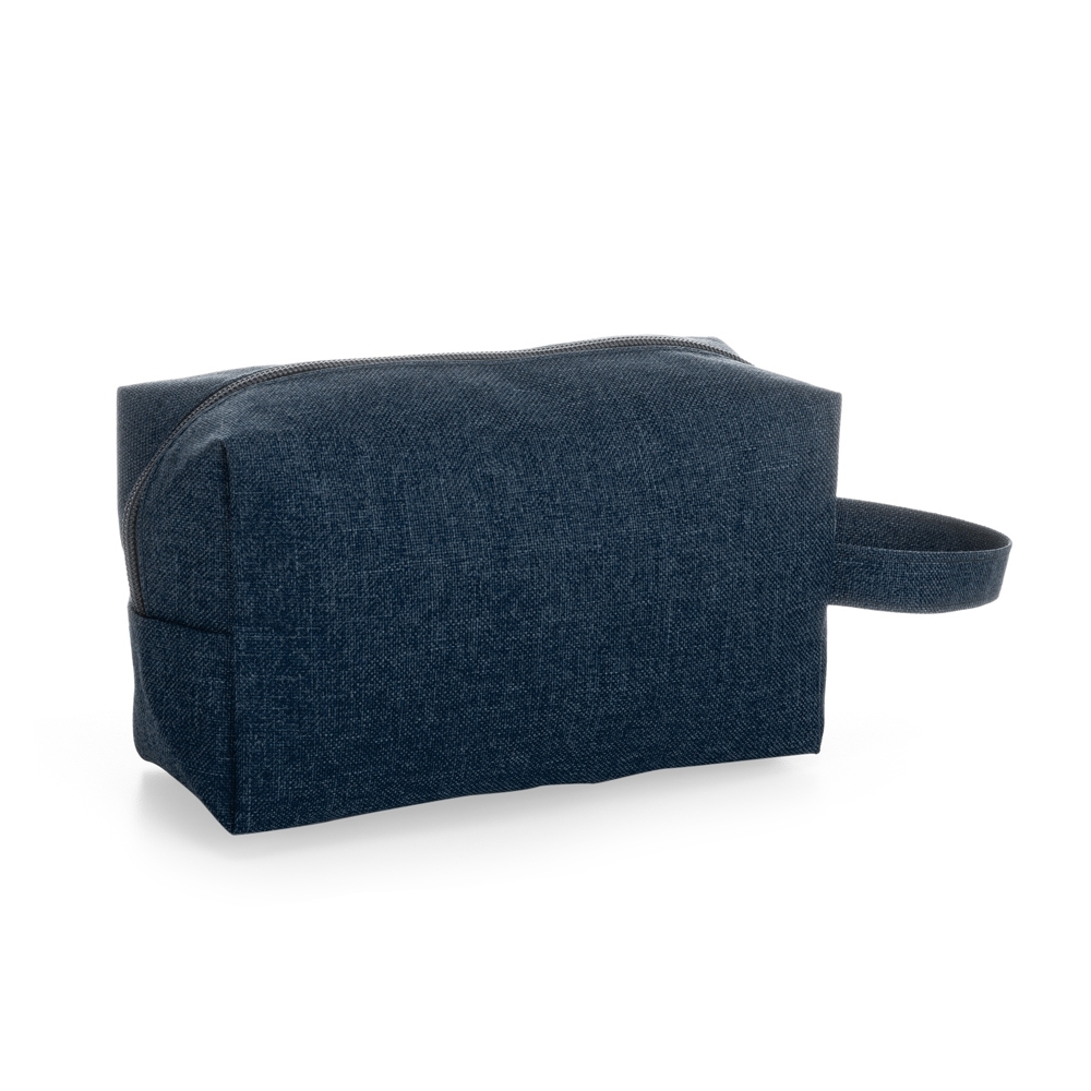 Nécessaire de nylon (12 x 20 x 8,5 cm) personalizada com a logo da empresa, na cor azul escuro