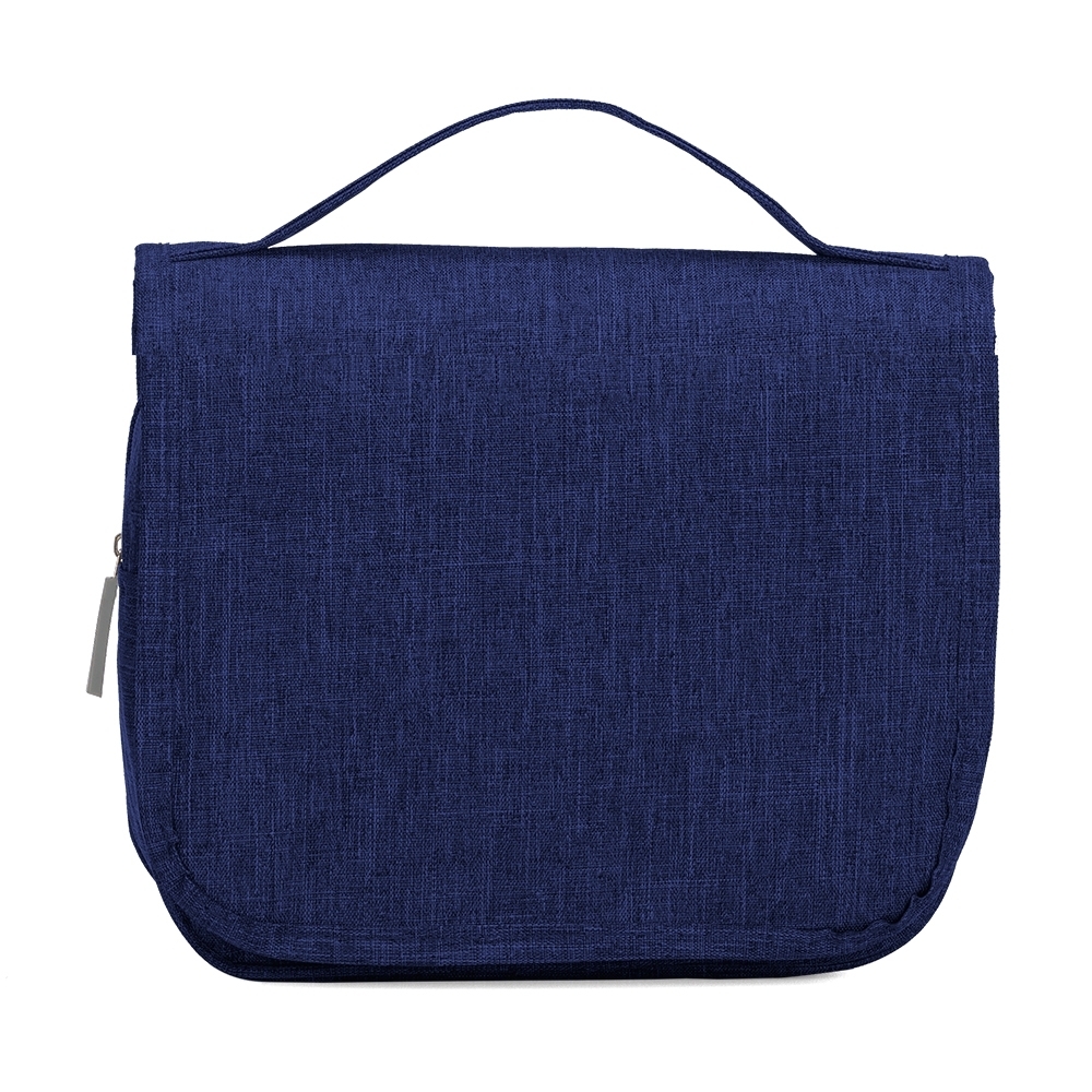 Nécessaire de nylon oxford com visor personalizada com a logo da empresa, na cor azul escuro