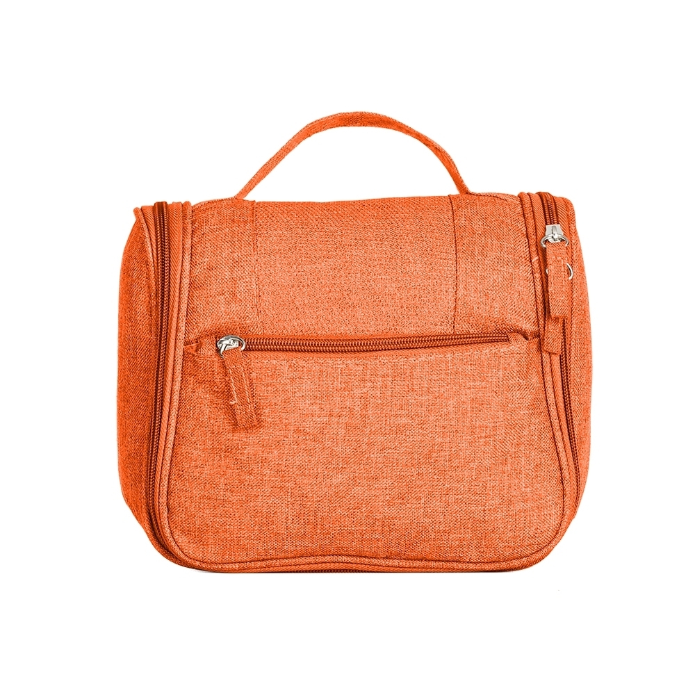 Necessaire organizadora de nylon com bolso frontal personalizada com a logo da empresa, na cor laranja