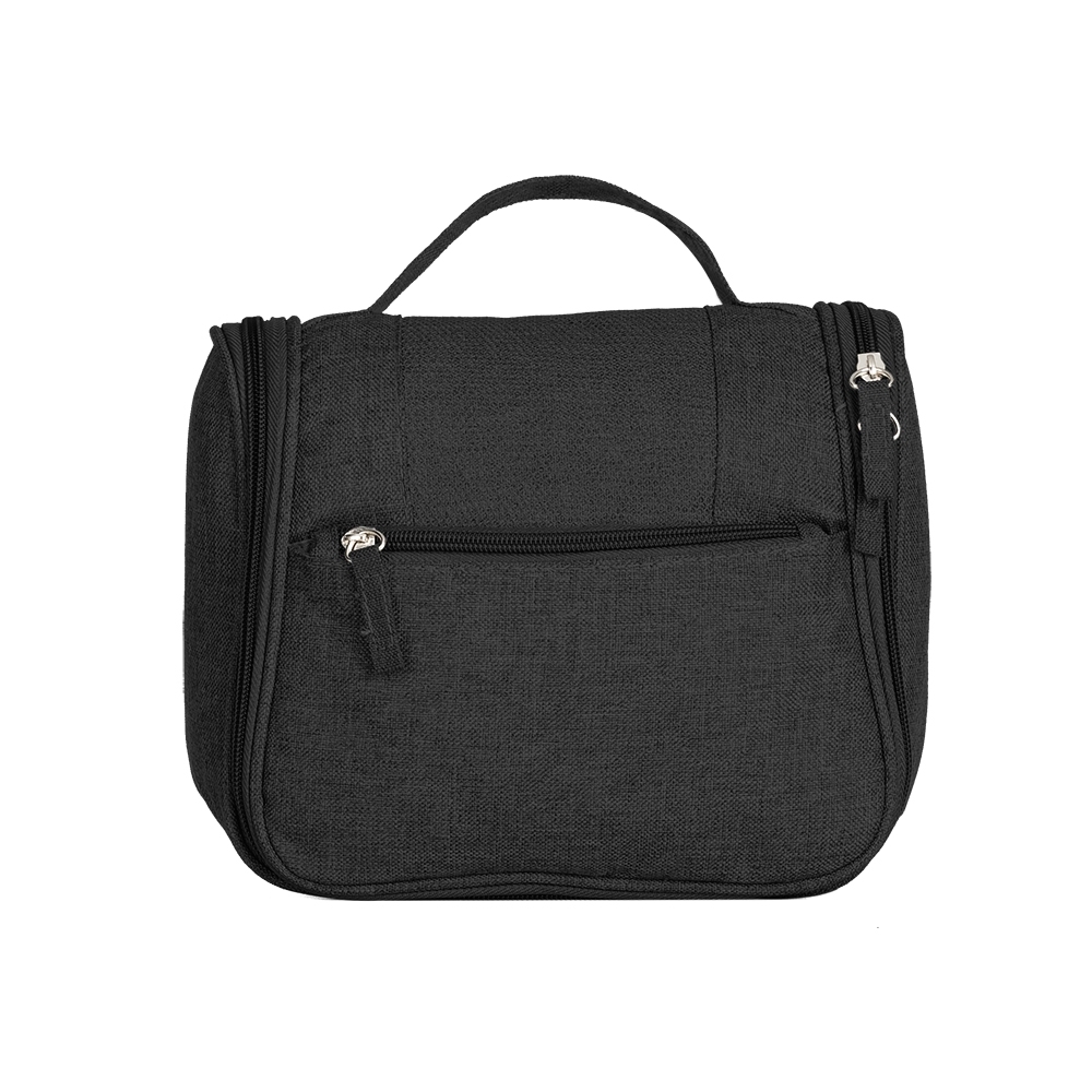 Necessaire organizadora de nylon com bolso frontal na cor Preto, personalizada com a logo da empresa