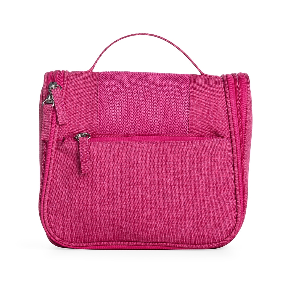 Necessaire organizadora de nylon com bolso frontal personalizada com a logo da empresa, na cor rosa