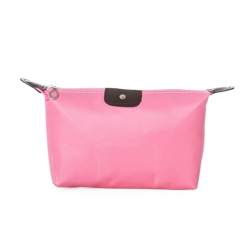 Necessaire em poliéster impermeável personalizada com a logo da empresa, na cor rosa claro