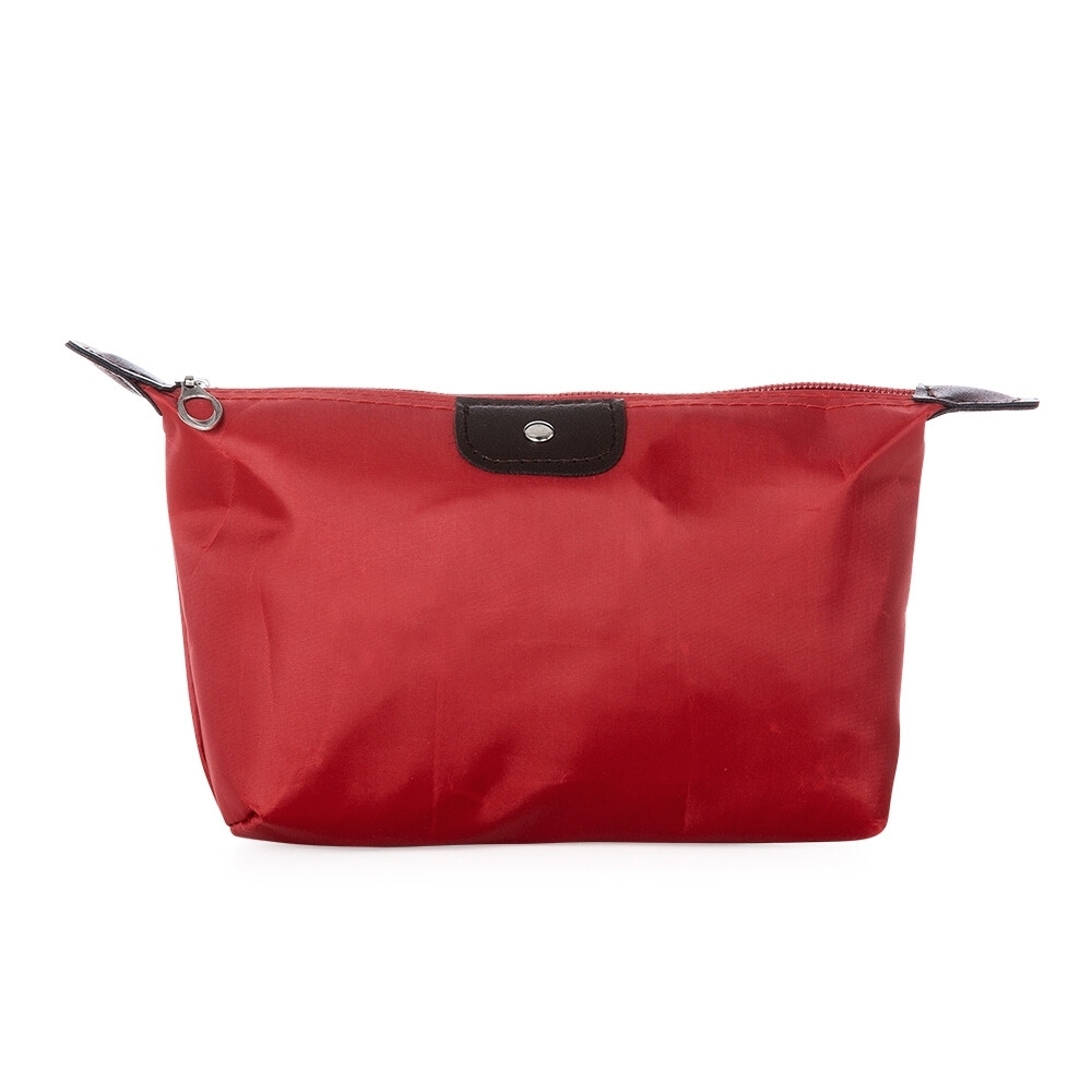 Necessaire em poliéster impermeável personalizada com a logo da empresa, na cor vermelho / marrom