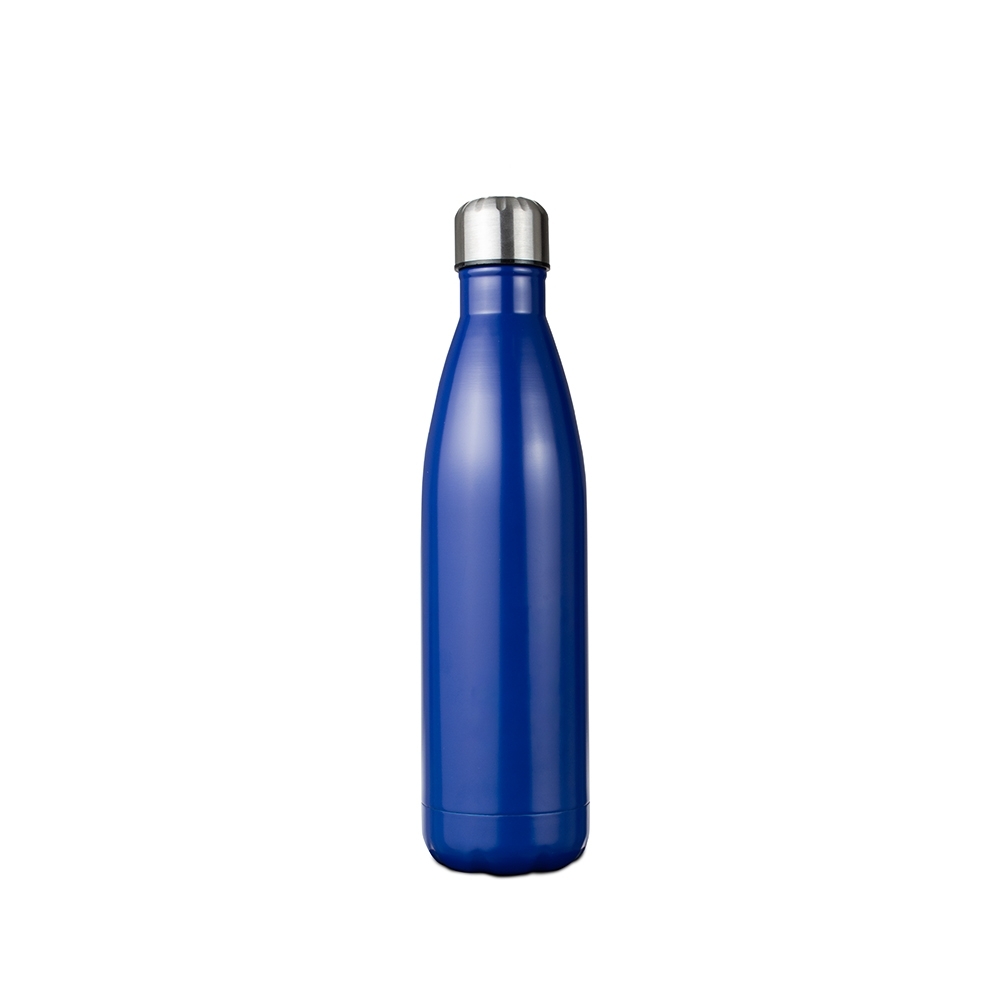 Garrafa térmica 780 ml de inox com tampa em relevo personalizada com a logo da empresa, na cor azul