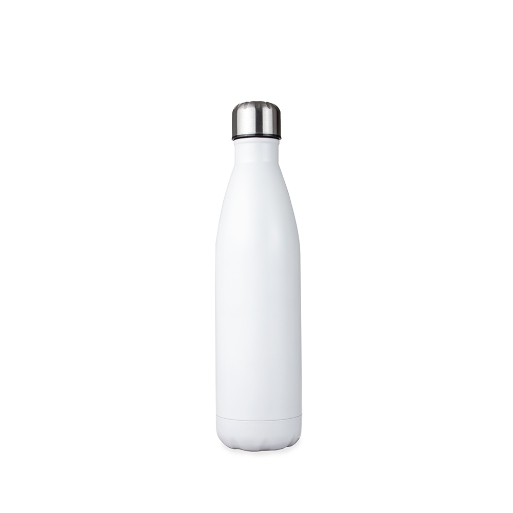 Garrafa térmica 780 ml de inox com tampa em relevo personalizada com a logo da empresa, na cor branco