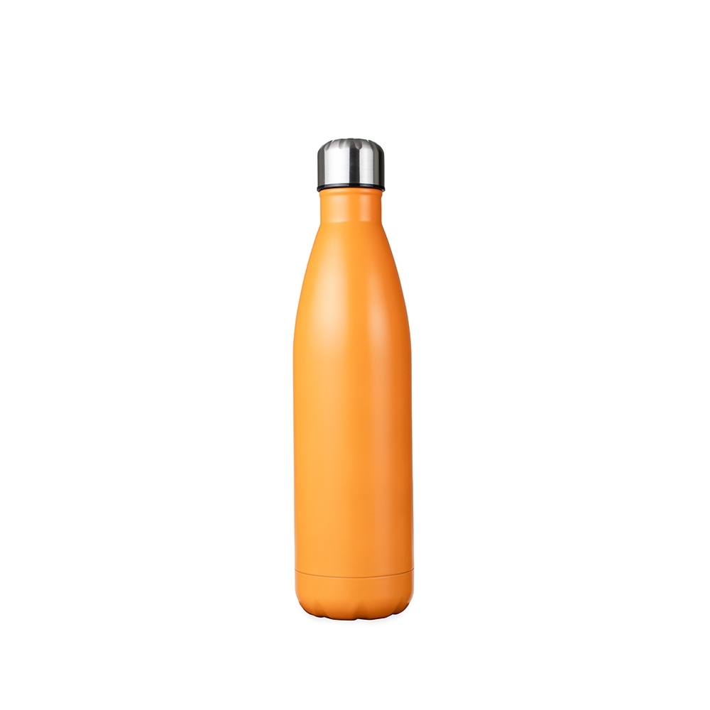 Garrafa térmica 780 ml de inox com tampa em relevo personalizada com a logo da empresa, na cor laranja