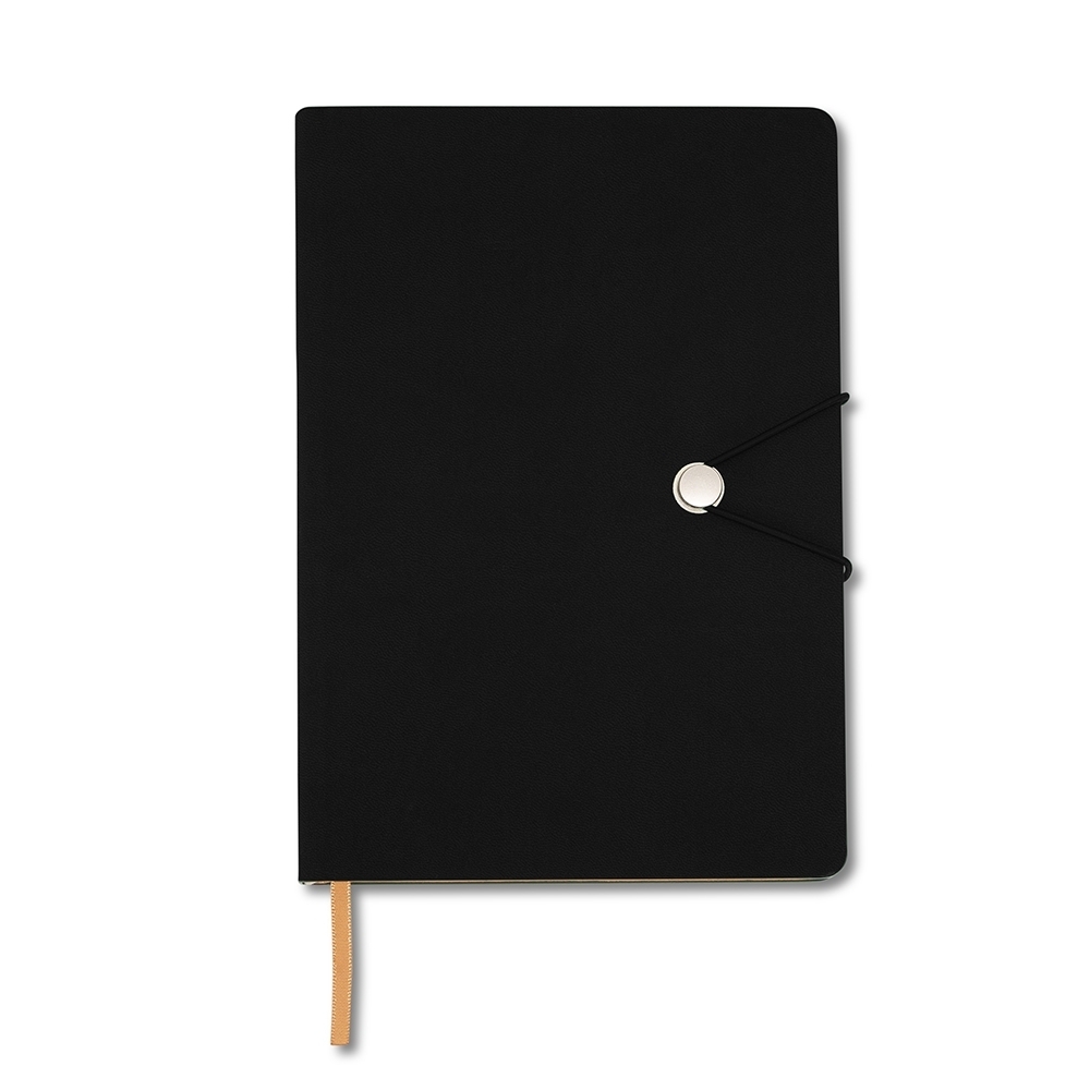 Caderneta sintética com fecho e 96 folhas na cor Preto, personalizada com a logo da empresa