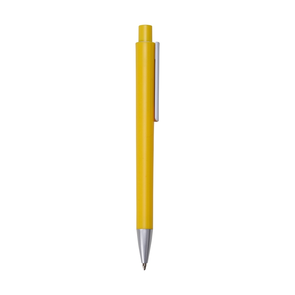 Caneta plástica de corpo reto com clipe branco e ponteira cromada personalizada com a logo da empresa, na cor amarelo