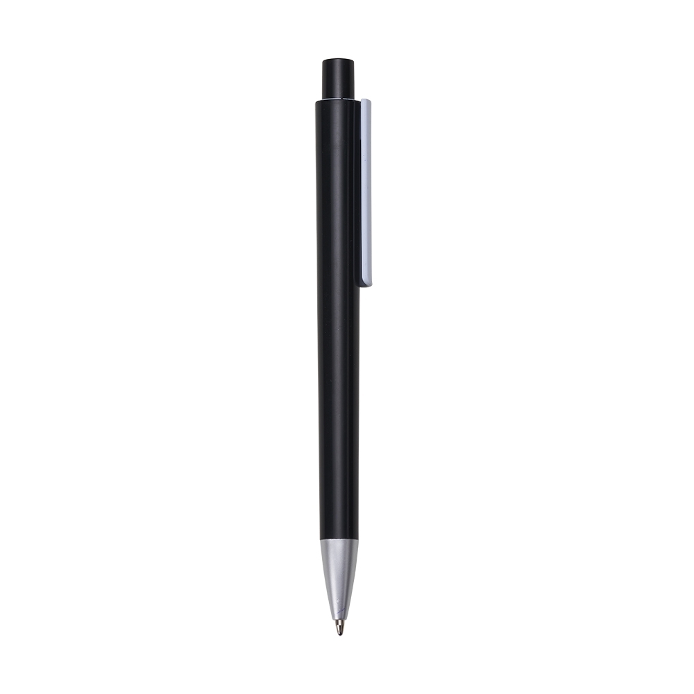 Caneta plástica de corpo reto com clipe branco e ponteira cromada na cor Preto / Branco, personalizada com a logo da empresa