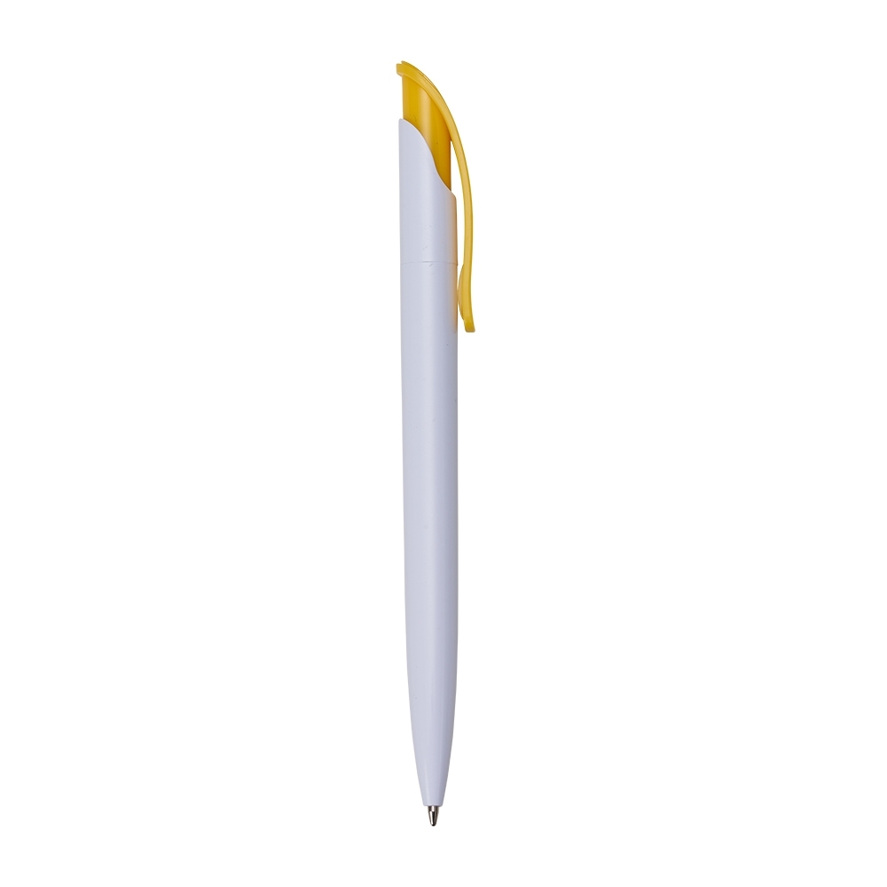 Caneta plástica de corpo branco curvo com clipe em arco personalizada com a logo da empresa, na cor amarelo / branco