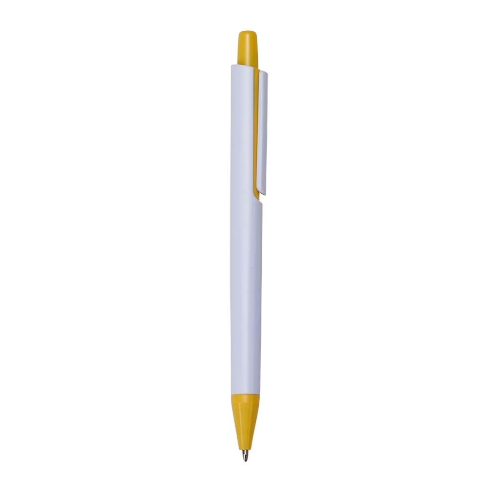 Caneta plástica de corpo branco com clipe reto e botão largo personalizada com a logo da empresa, na cor amarelo / branco