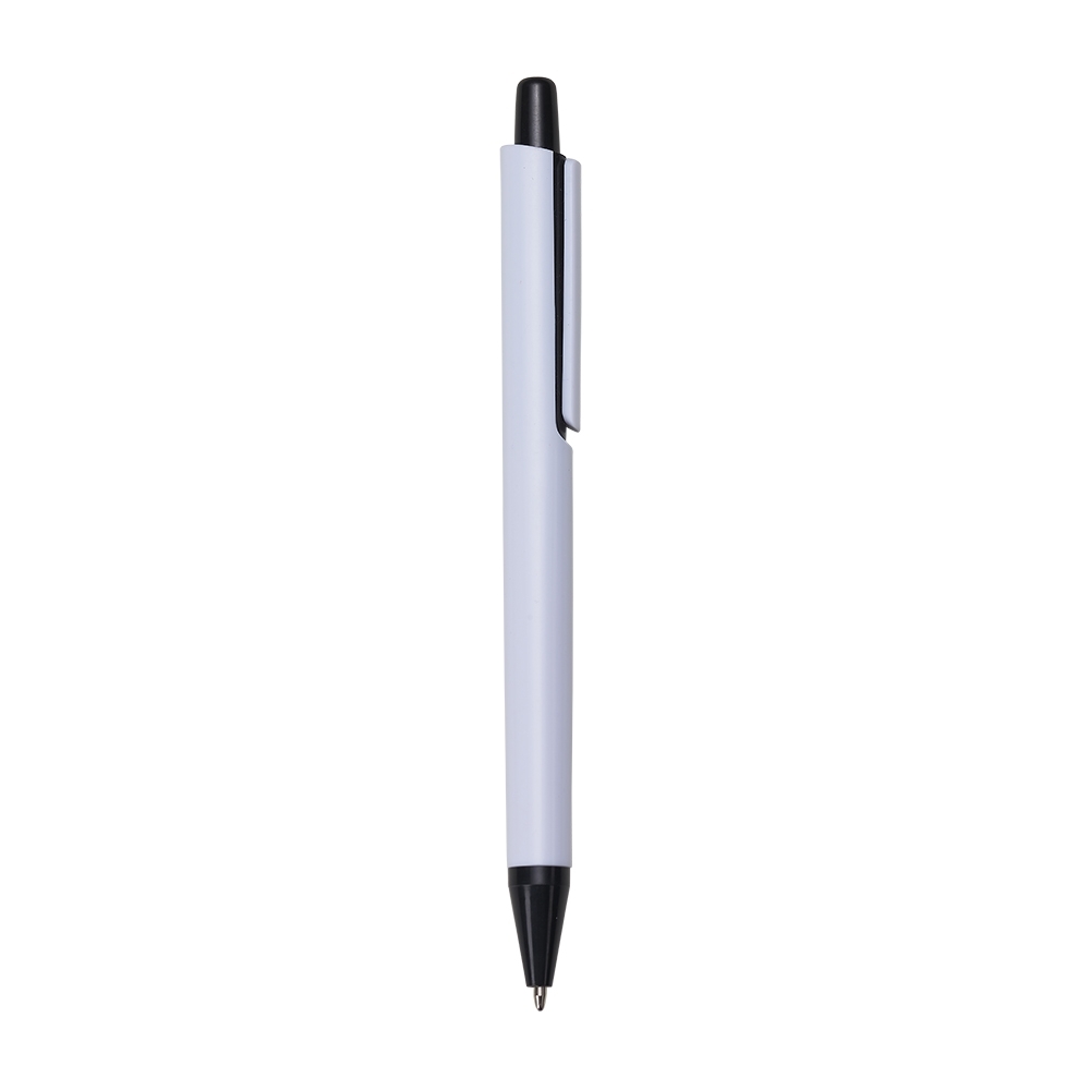 Caneta plástica de corpo branco com clipe reto e botão largo na cor Preto / Branco, personalizada com a logo da empresa