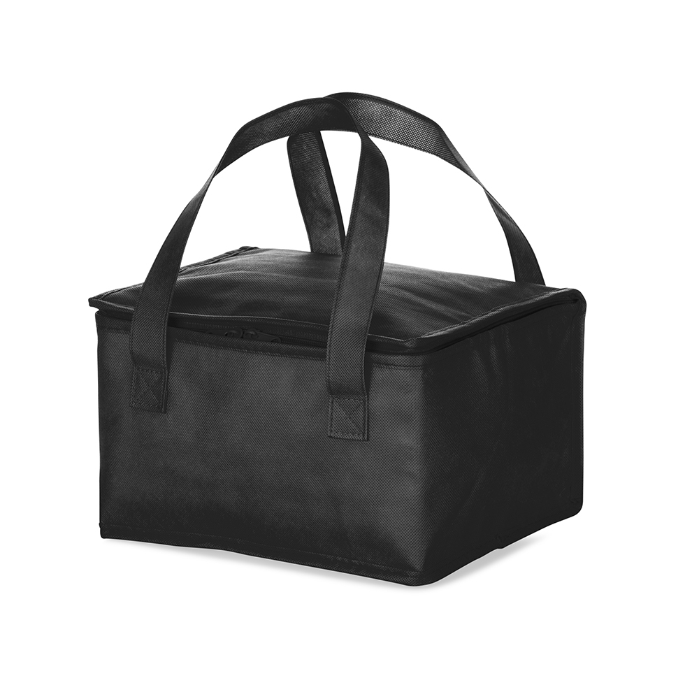 Bolsa térmica 13 litros de TNT na cor Preto, personalizada com a logo da empresa