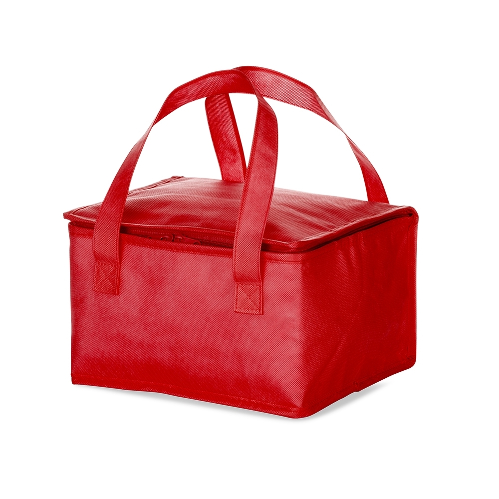 Bolsa térmica 13 litros de TNT personalizada com a logo da empresa, na cor vermelho