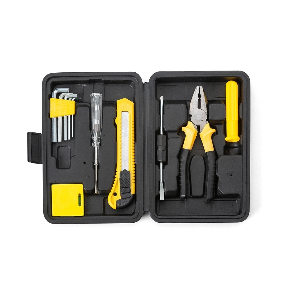 Kit ferramenta 11 peças estojo plástico na cor Preto / Amarelo, personalizado com a logo da empresa