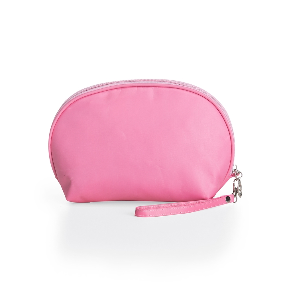 Necessaire de nylon impermeável (13 x 21,5 x 8 cm) personalizada com a logo da empresa, na cor rosa