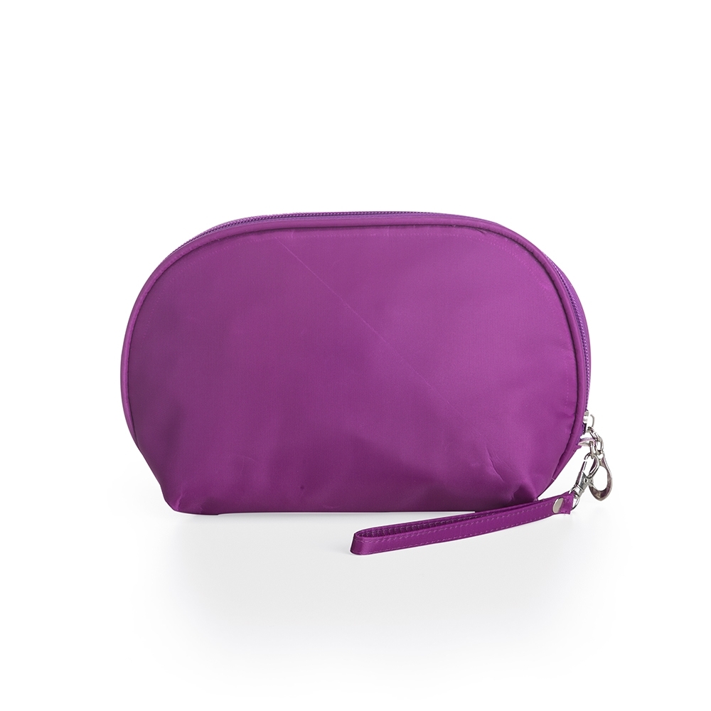Necessaire de nylon impermeável (13 x 21,5 x 8 cm) personalizada com a logo da empresa, na cor roxo
