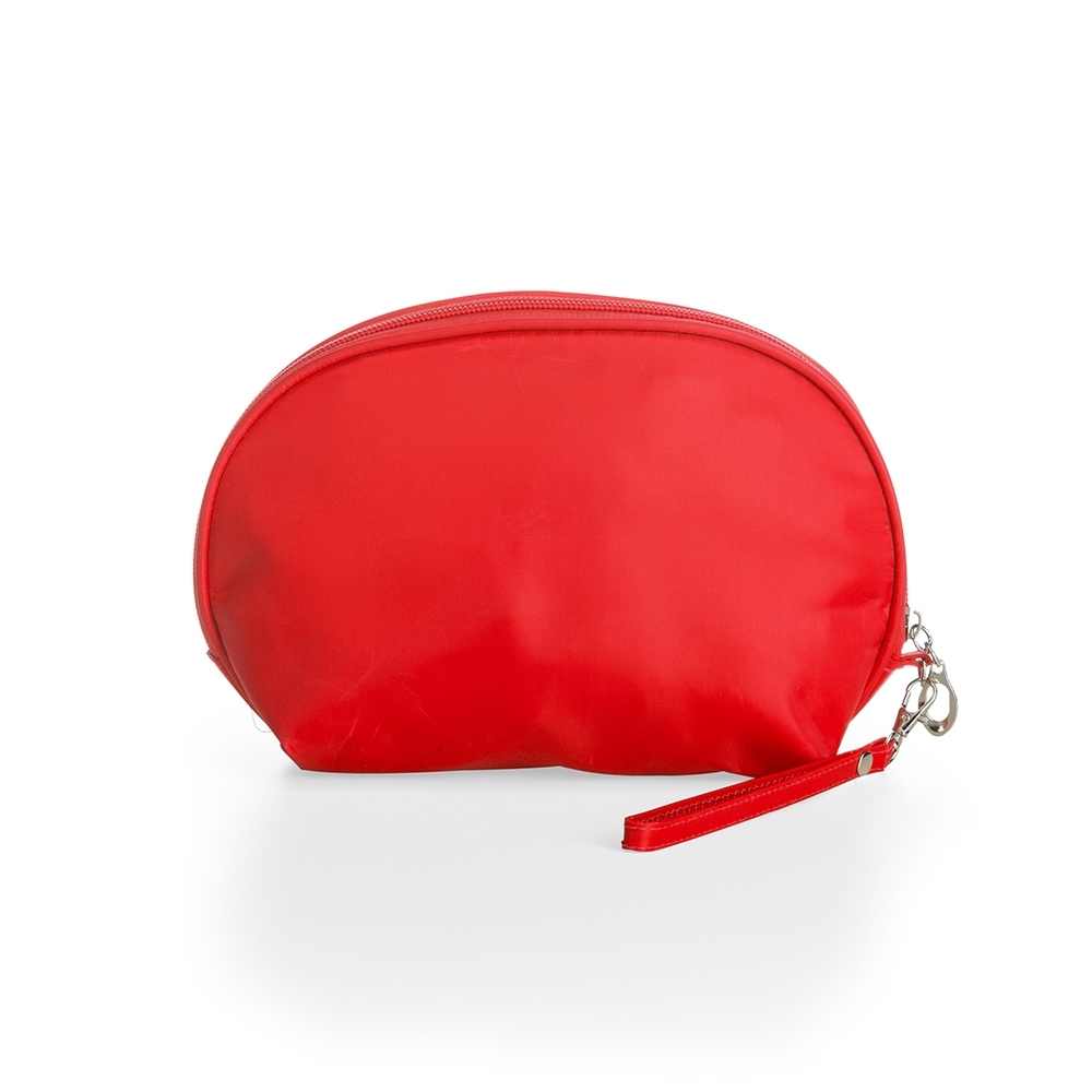 Necessaire de nylon impermeável (13 x 21,5 x 8 cm) personalizada com a logo da empresa, na cor vermelho