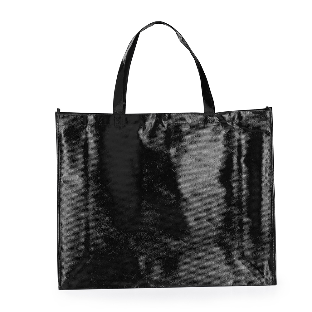 Sacola 120 g/m² em TNT revestida com plástico na cor Preto, personalizada com a logo da empresa