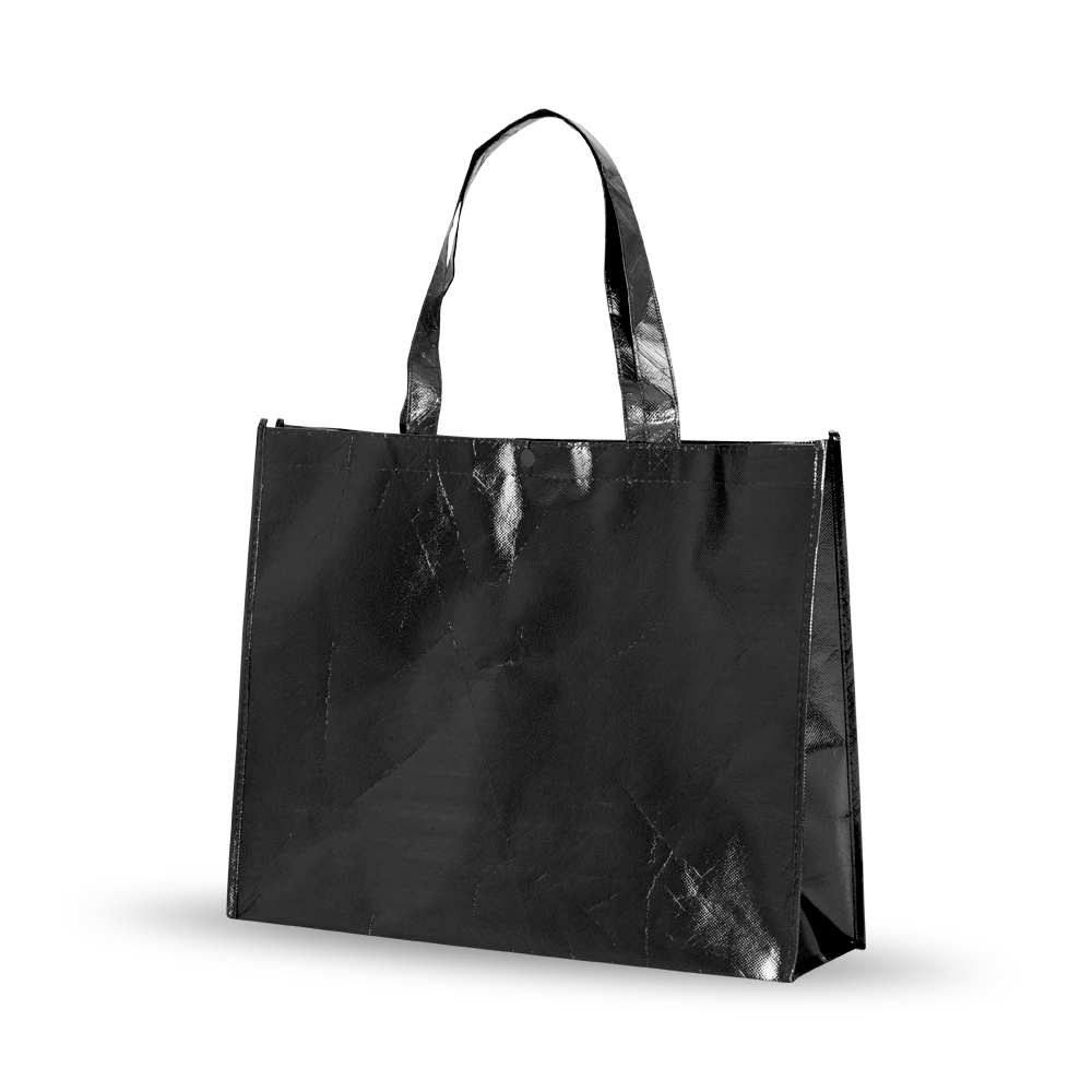 Sacola 110 g/m² em TNT revestida com plástico na cor Preto, personalizada com a logo da empresa