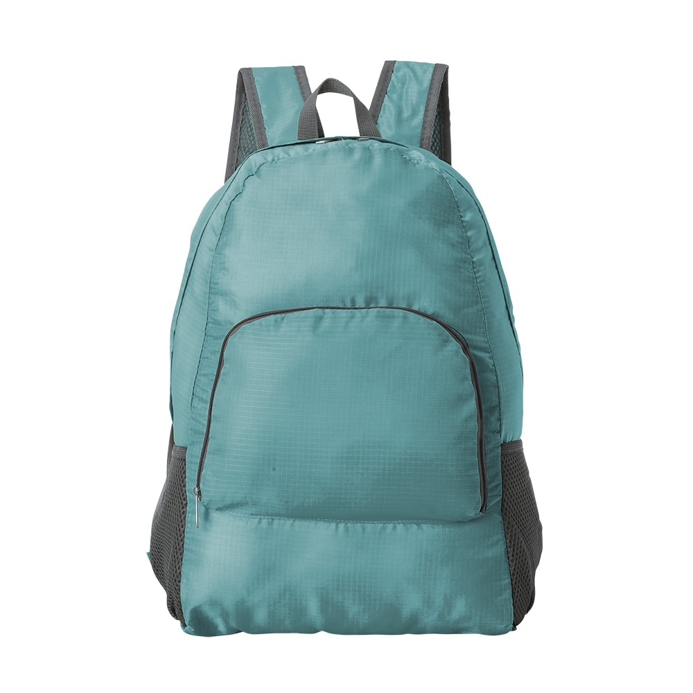 Mochila de nylon dobrável 21 litros impermeável com bolso frontal personalizada com a logo da empresa, na cor azul claro