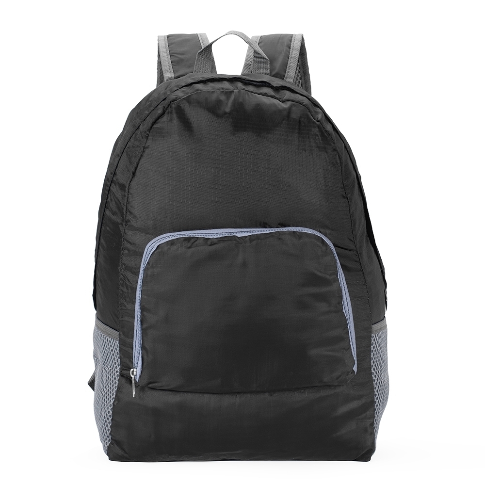 Mochila de nylon dobrável 21 litros impermeável com bolso frontal na cor Preto / Azul, personalizada com a logo da empresa