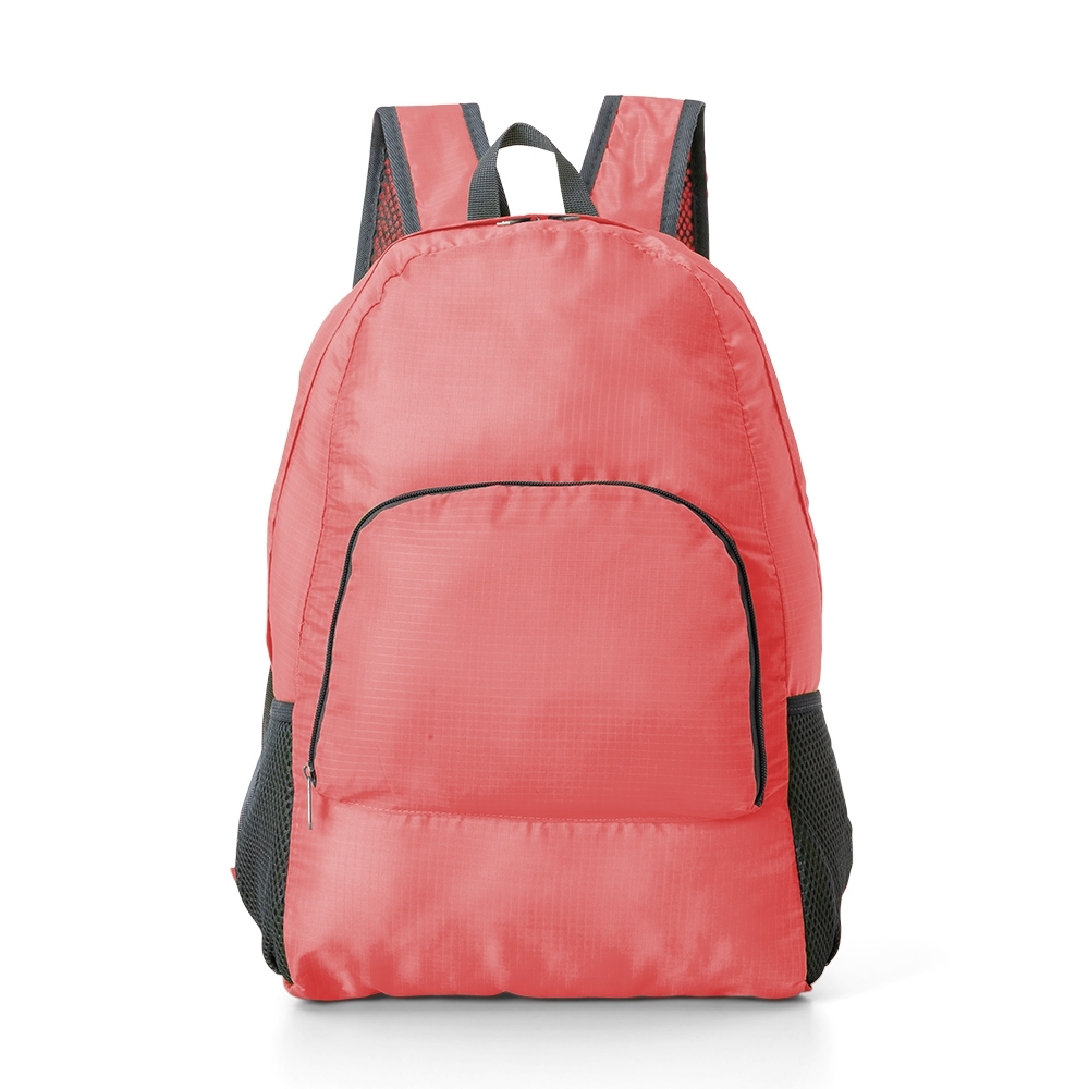 Mochila de nylon dobrável 21 litros impermeável com bolso frontal personalizada com a logo da empresa, na cor rosa
