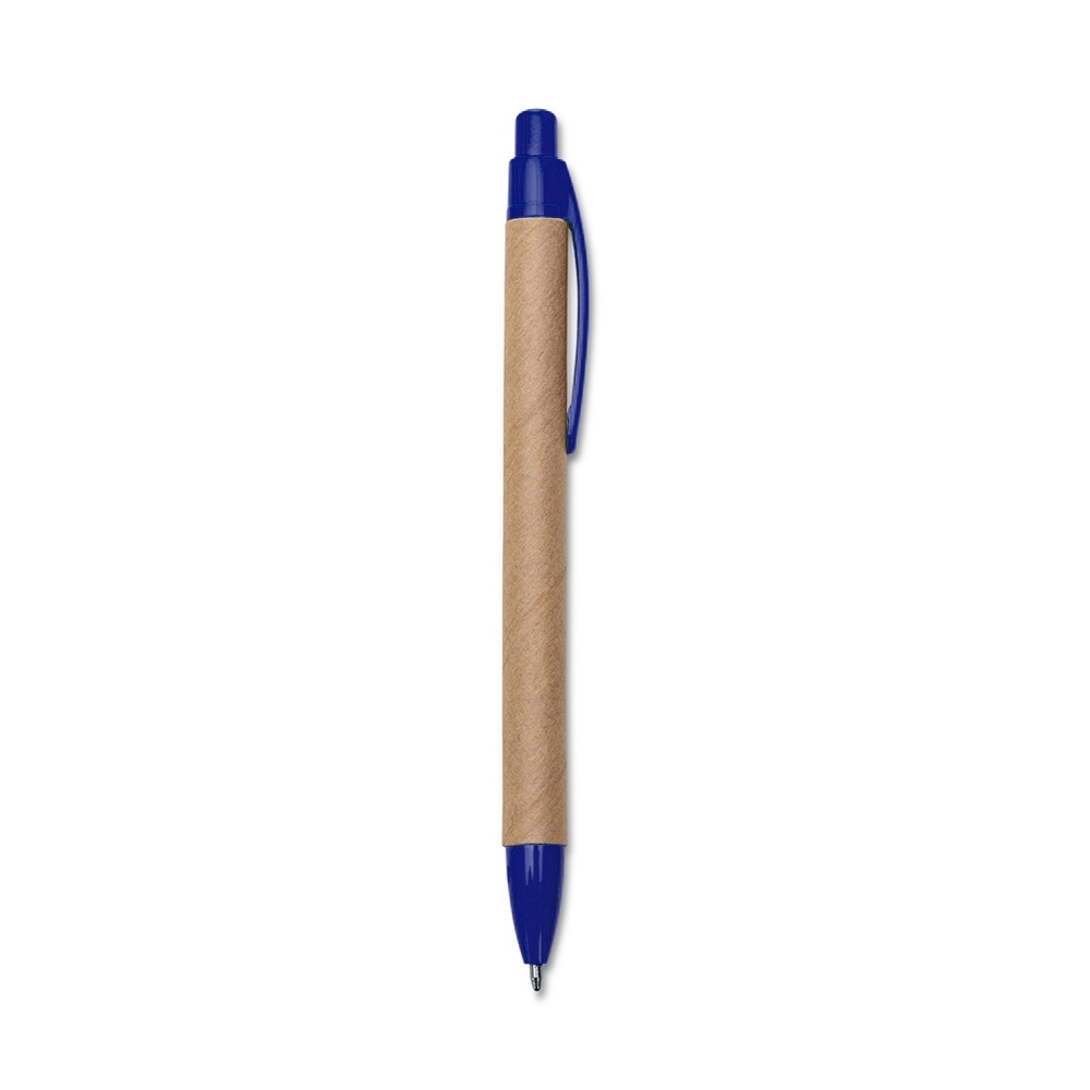 Caneta ecológica de papelão com detalhes plásticos personalizada com a logo da empresa, na cor azul
