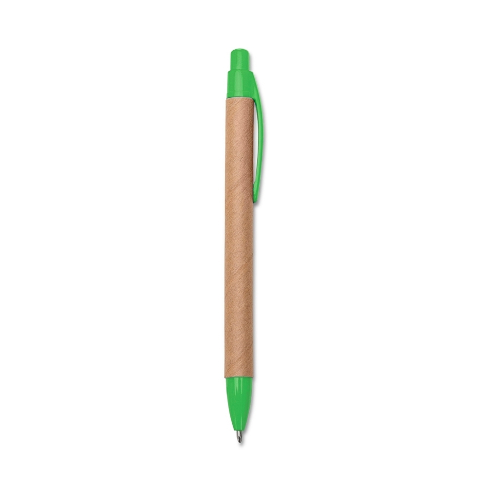 Caneta ecológica de papelão com detalhes plásticos personalizada com a logo da empresa, na cor kraft / verde