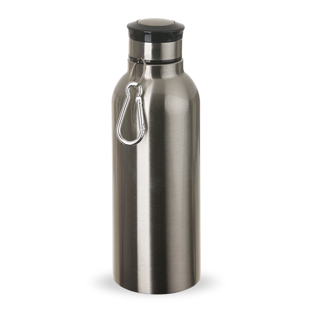 Garrafa inox 700 ml com mosquetão na cor Prata, personalizada com a logo da empresa