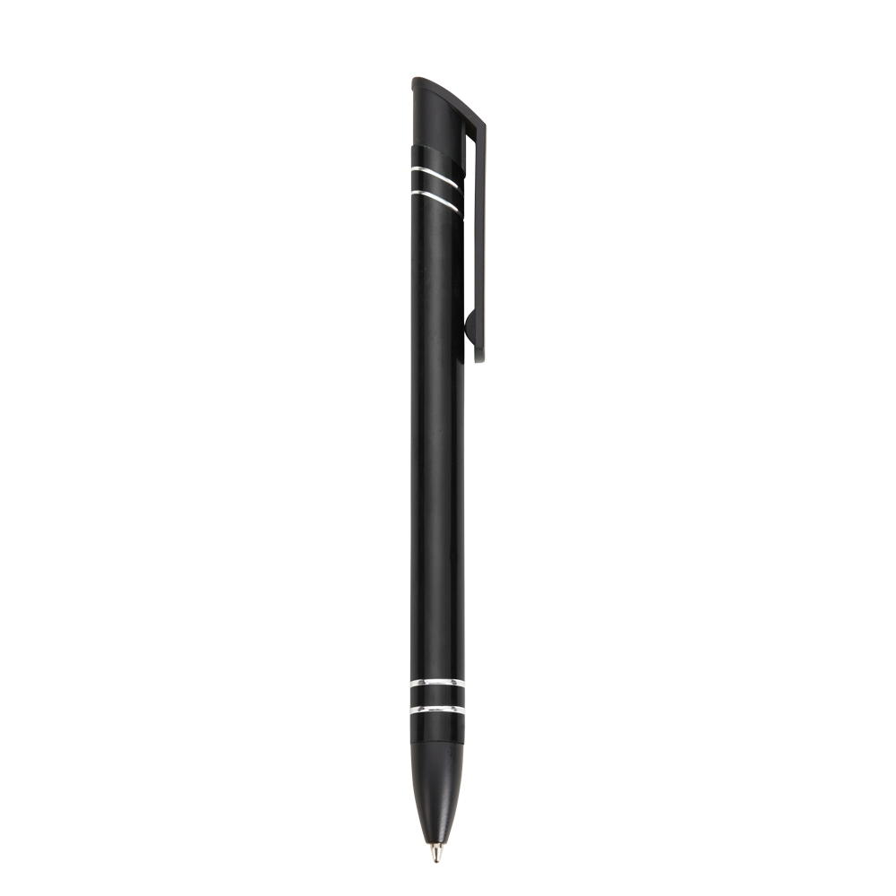 Caneta de metal com frisos diagonais no topo e na pega na cor Preto / Prata, personalizada com a logo da empresa