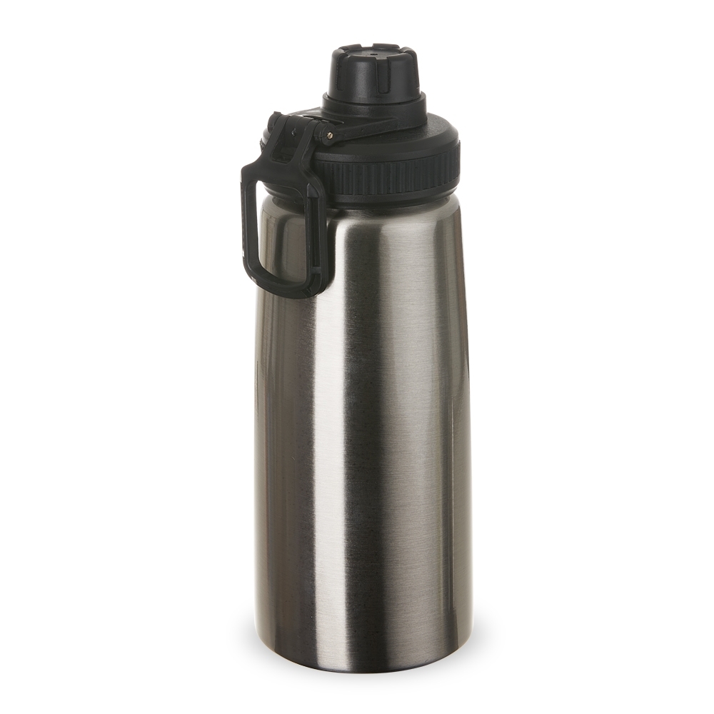 Squeeze 750 ml inox brilhante com alça e tampa protetora na cor Prata / Preto, personalizado com a logo da empresa
